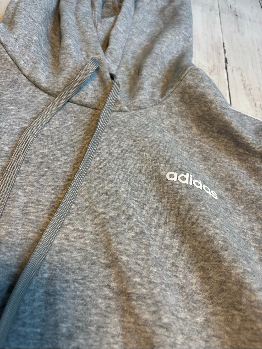 adidas Gray Hooded Sweatshirt with White Three-Stripe Sleeves